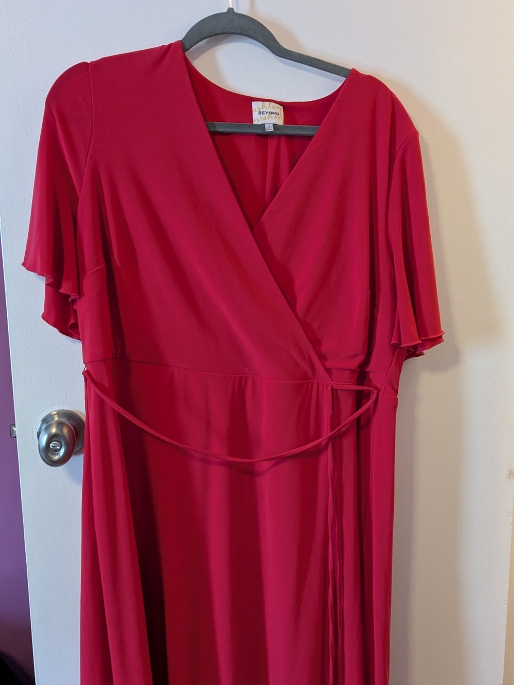 Ashley Graham Red Wrap Midi Dress with Flutter Sleeves